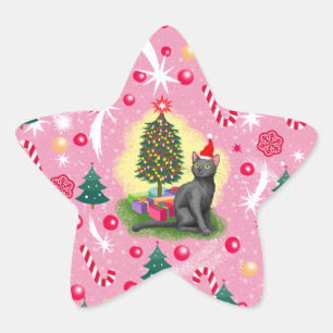 Pink Christmas Cat Star Sticker