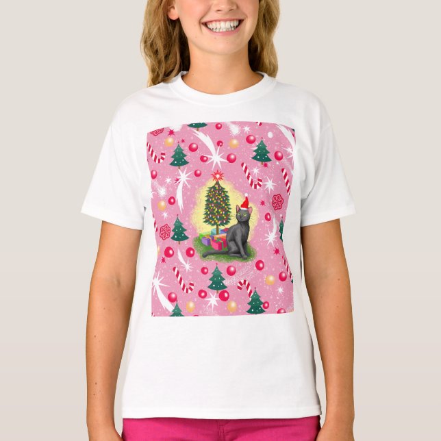 Pink Christmas Cat T-Shirt (Front)