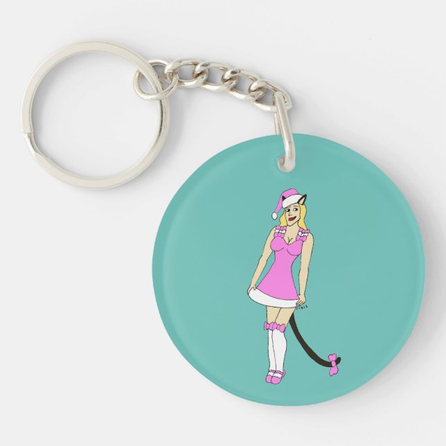 Pink Christmas catgirl Key Ring (Front)
