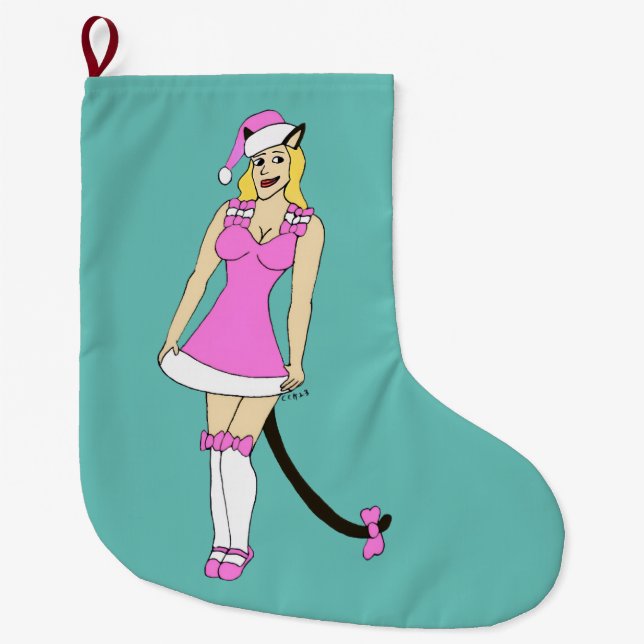 Pink Christmas catgirl Large Christmas Stocking (Front)
