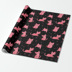 Pink Christmas Cats on Black Wrapping Paper