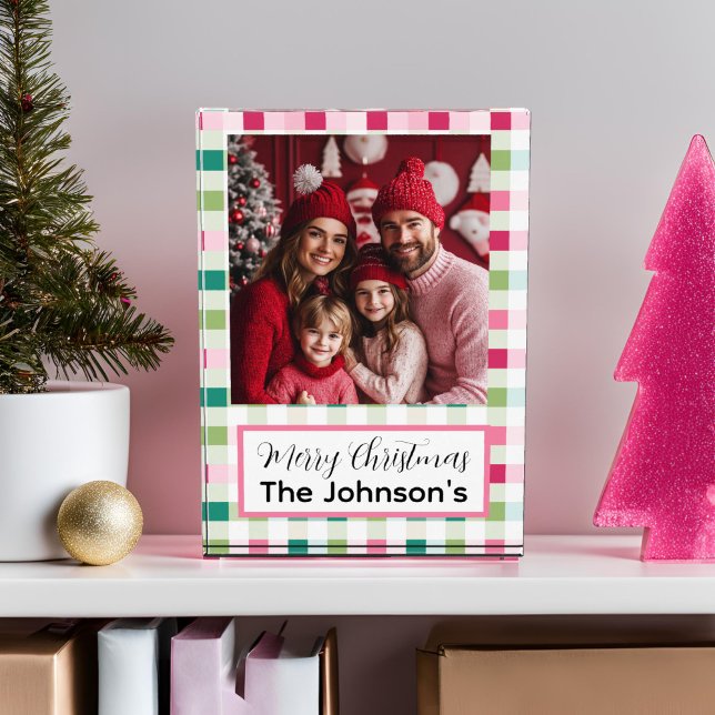 Pink Christmas Chequerboard Photo Block (Pink Checkered Holiday Acrylic Photo Frame)