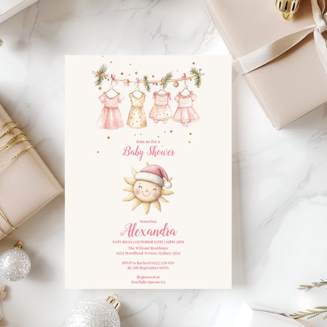 Pink Christmas Clothesline Baby Shower Invitation (Creator Uploaded)