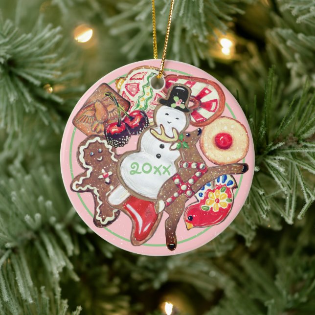 Pink Christmas Cookie Exchange Plate Date Name Ceramic Tree Decoration (Tree)