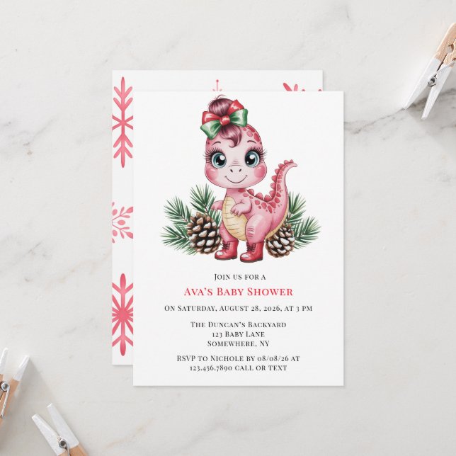 Pink Christmas Dino Girl Baby Shower Invitation (Front/Back In Situ)