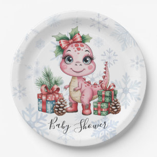 Pink Christmas Dino Girl Baby Shower Paper Plate