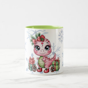 Pink Christmas Dino Girl Baby Shower Two-Tone Coffee Mug