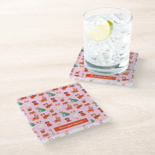 Pink Christmas Dogs Personalised Holiday Glass Coaster
