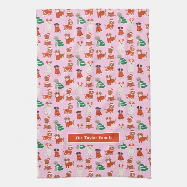 Pink Christmas Dogs Personalised Tea Towel (Vertical)