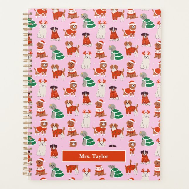 Pink Christmas Dogs Teacher Personalised Planner (Front)
