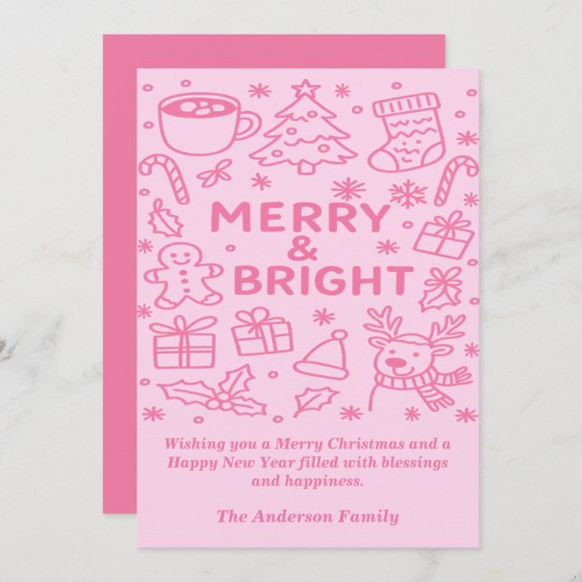 Pink Christmas Doodle | Christmas Wishes Holiday Card (Front/Back)