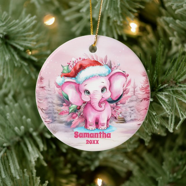Pink Christmas Elephant Kids Photo Ornament (Tree)