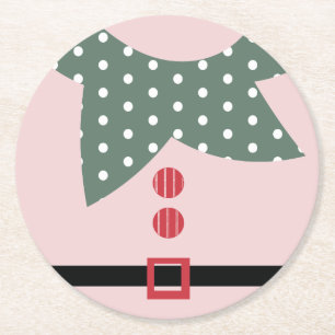 Pink Christmas Elf Suit Holiday Party Round Paper Coaster