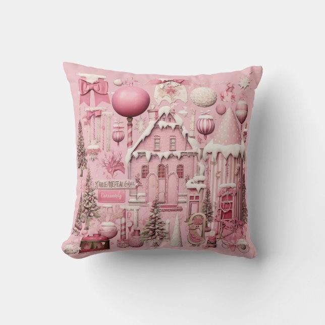 Pink Christmas Ephemera Throw Pillow (Front)