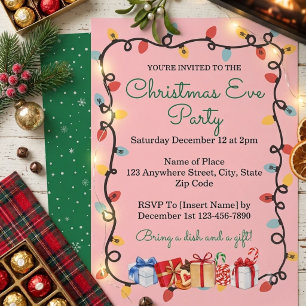 Pink Christmas Eve Lights & Presents Holiday Party Invitation
