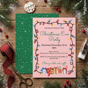 Pink Christmas Eve Lights & Presents Holiday Party Invitation