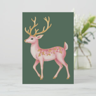 Pink Christmas Floral Reindeer Woodland Vintage  Holiday Card