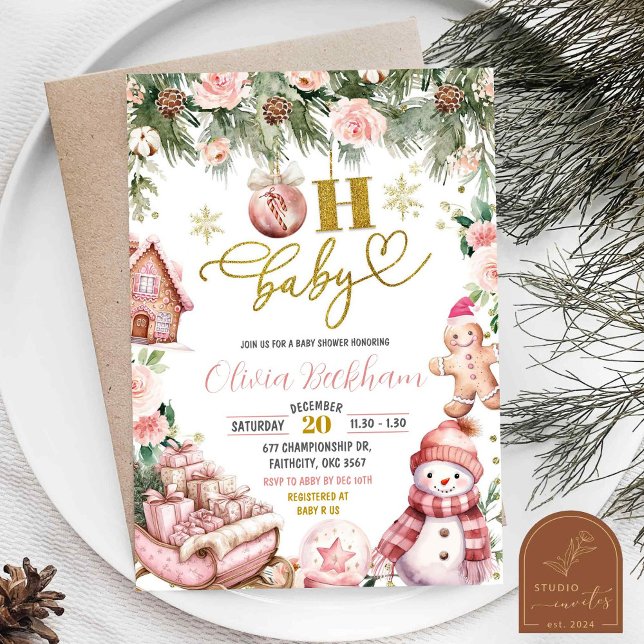 Pink Christmas Floral Sleigh Oh Baby Shower Invitation (Creator Uploaded)