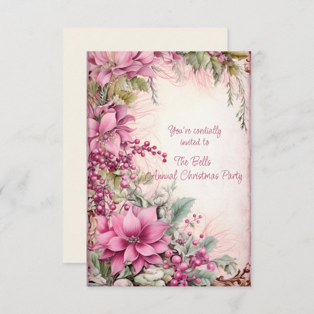 Pink Christmas Flowers Annual Christmas Party  Invitation (Front/Back)