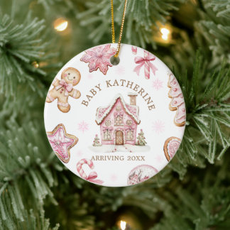 Pink Christmas Gingerbread Cookie Baby Arriving Ceramic Tree Decoration