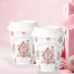 Pink Christmas Gingerbread Cookie Baby Shower Girl Paper Cups