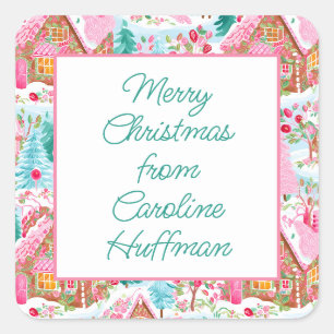 Pink Christmas Gingerbread Houses Gift Square Sticker