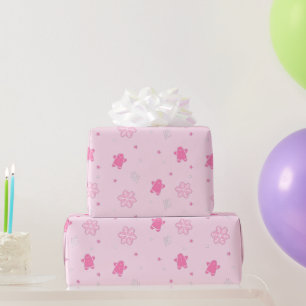 Pink Christmas Gingerbread Man Snowflakes Pattern Wrapping Paper