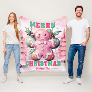 Pink Christmas Gingerbread Personalised Kids Name Fleece Blanket