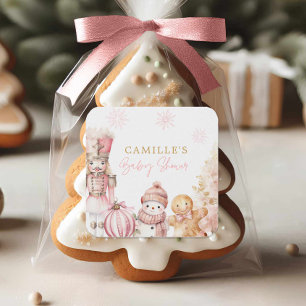 Pink Christmas Girl Baby Shower Square Sticker