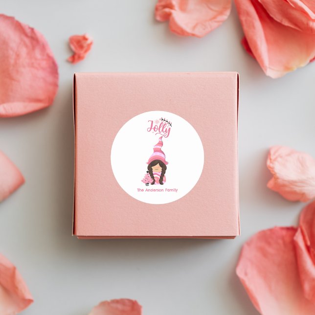 Pink Christmas Girl Gnome With Dark Hair Jolly Classic Round Sticker (Pink Christmas Girl Gnome With Dark Hair Jolly Classic Round Sticker - Personalized Festive Greeting)
