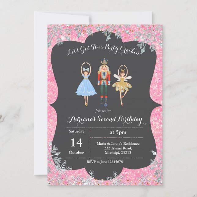 Pink Christmas Glitter Birthday Invite Ballet (Front)