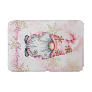 Pink Christmas Gnome Gold Snowflakes Bath Mat