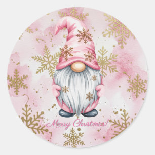 Pink Christmas Gnome Gold Snowflakes Classic Round Sticker