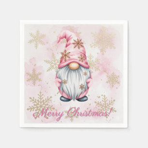 Pink Christmas Gnome Gold Snowflakes Napkin