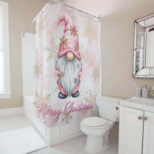 Pink Christmas Gnome Gold Snowflakes Shower Curtain (In Situ)