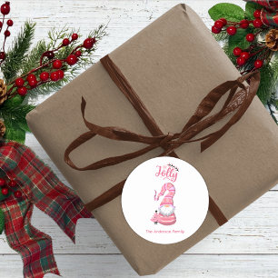 Pink Christmas Gnome With Tree Jolly Classic Round Sticker