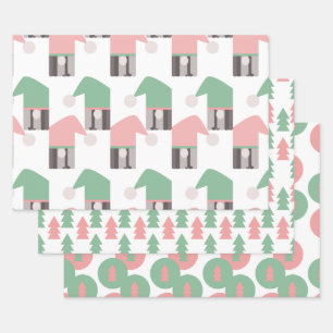 Pink Christmas Gnomes Trees and Ornaments Wrapping Paper Sheet