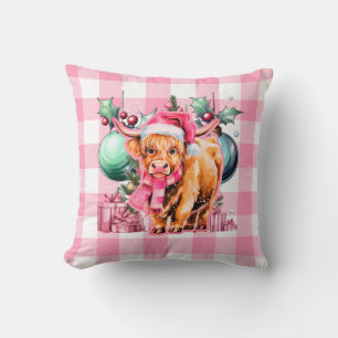 Pink Christmas Highland Cow Merry Christmas Plaid Cushion