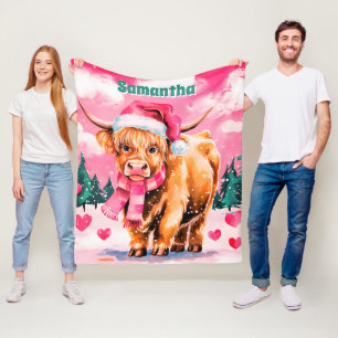Pink Christmas Highland Cow Personalised Kids Name Fleece Blanket