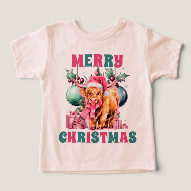 Pink Christmas Highland Cow Toddler T-shirt (Design Front)