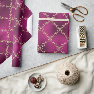 Pink Christmas Holiday Gold Damask Metallic Wrapping Paper