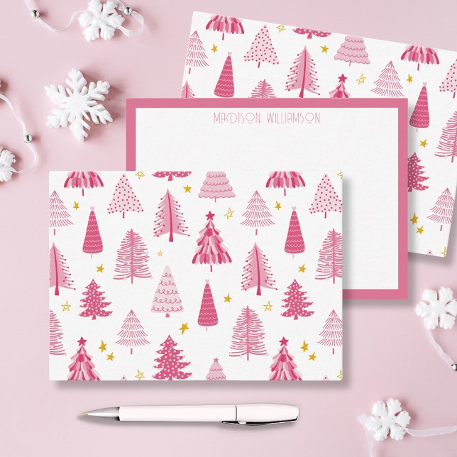 Pink Christmas Holiday tree Card (Pink personalized Christmas holiday notecards in woodland forest illustration. )