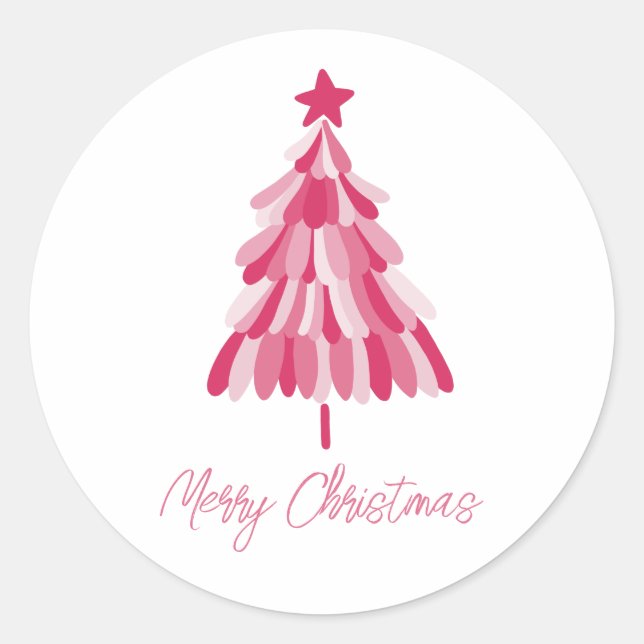 Pink Christmas Holiday tree Classic Round Sticker (Front)
