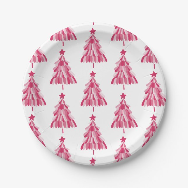 Pink Christmas Holiday tree Paper Plate (Front)
