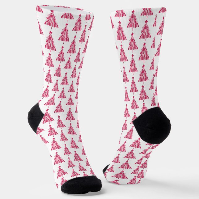 Pink Christmas Holiday Tree Pattern Socks (Angled)