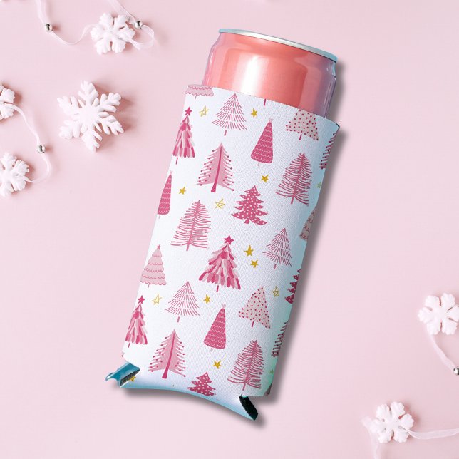 Pink Christmas Holiday tree Seltzer Can Cooler (Perfect for parties and celebrations, our pink winter wonderland Christmas tree forest woodland)