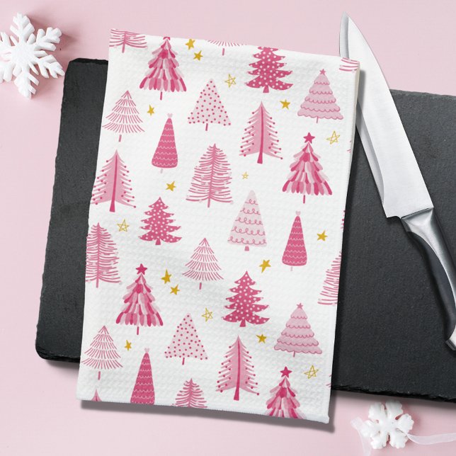 Pink Christmas Holiday tree Tea Towel (Christmas Tree Forest Kitchen Tea Towel in pink and white)