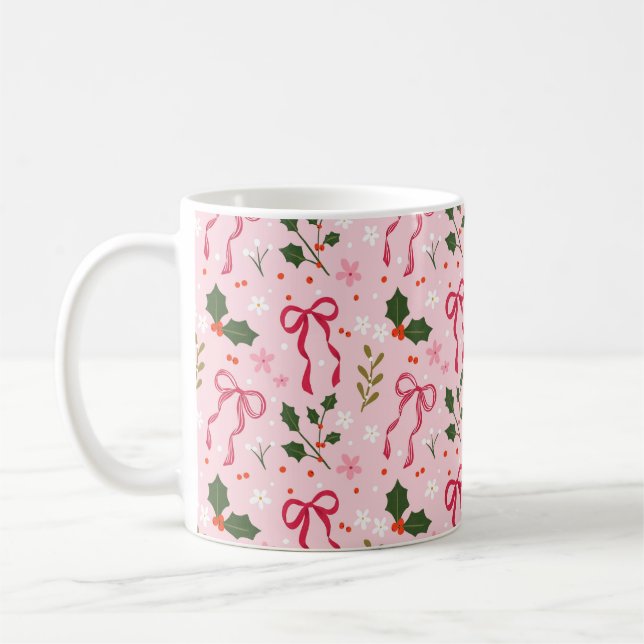 Pink Christmas Holly Bow Mug (Left)