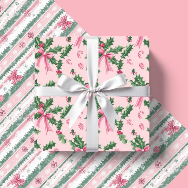 Pink Christmas Holly Candy Canes And Bows Wrapping Paper Sheet (Creator Uploaded)