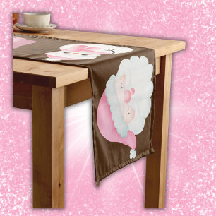 Pink Christmas Icons on Brown   Long Table Runner